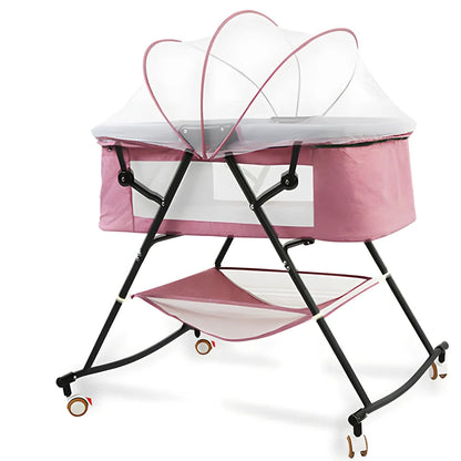 European foldable baby crib with mosquito net showing 54.5cm width and roller wheels