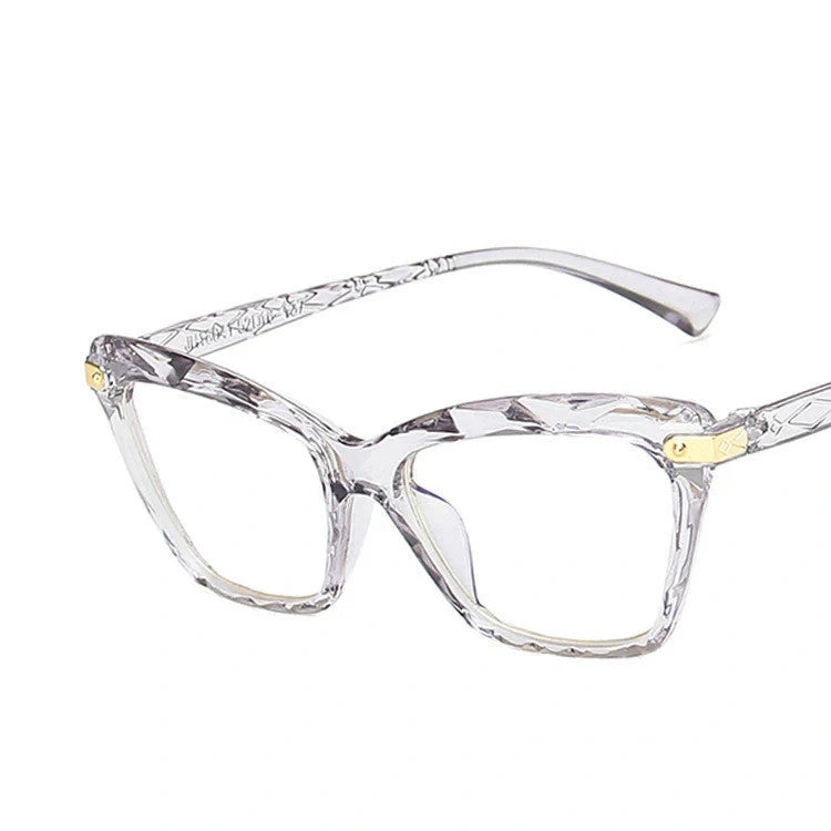 Anti-Blue Light Cat-Eye Glasses with Multi-Faceted Design in Transparent, Black, and Grey Colors