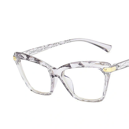 Anti-Blue Light Cat-Eye Glasses with Multi-Faceted Design in Transparent, Black, and Grey Colors