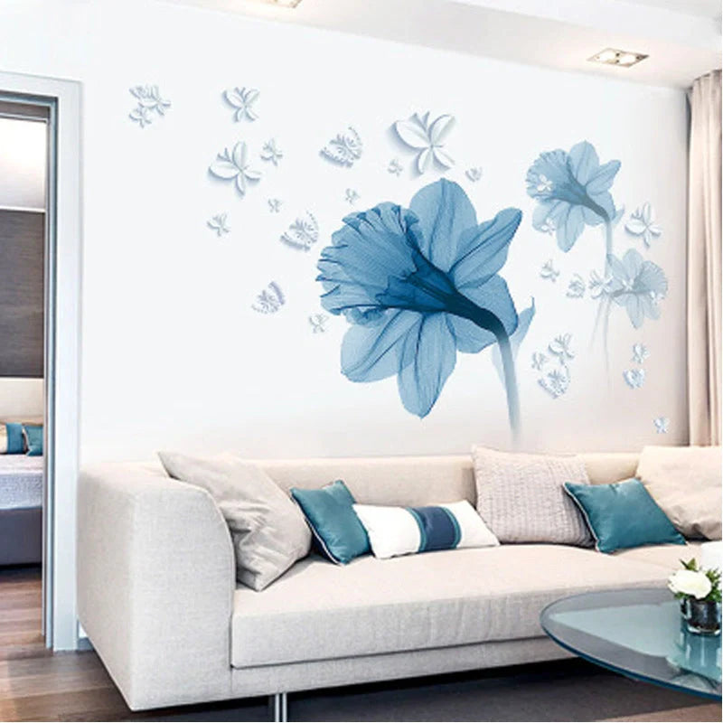 Decorative Nordic blue flower-patterned wall stickers for home decor