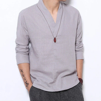 Relaxed-Fit Linen-Blend Chinese-Style Long-Sleeve Shirt for Men in White, Black, Navy, and Gray Colors
