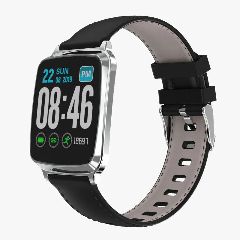 M8 smart bracelet showing zinc alloy body with 2.5D tempered glass screen displaying heart rate data