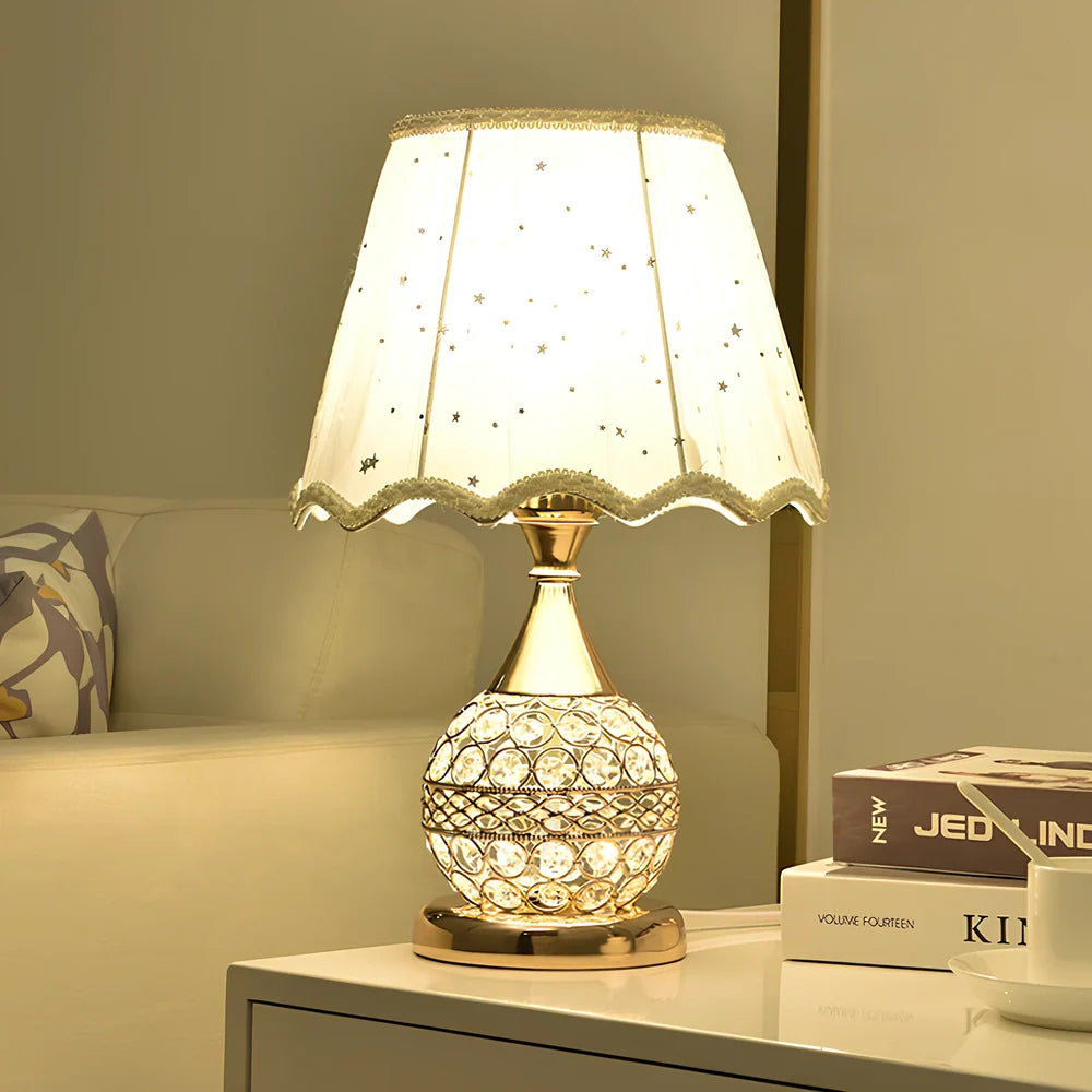 Gold crystal desk lamp 30cm tall with remote switch on bedside table, diffusing even light via manual-cut pendants