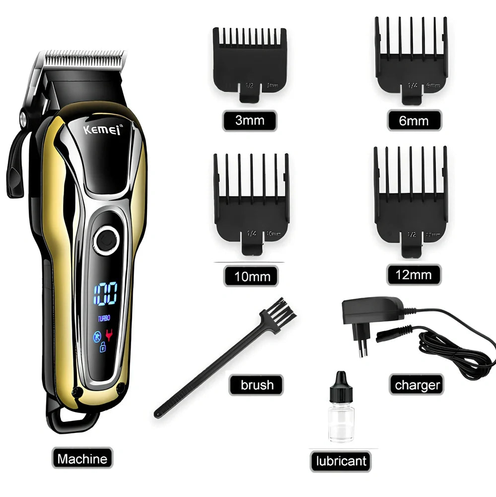 Professional hair clipper with four guide combs, cleaning brush, and power adapter on white background