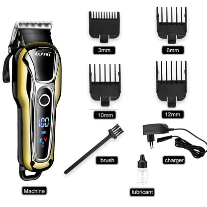 Professional hair clipper with four guide combs, cleaning brush, and power adapter on white background