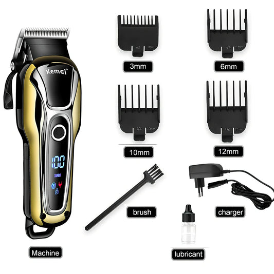 Professional hair clipper with four guide combs, cleaning brush, and power adapter on white background