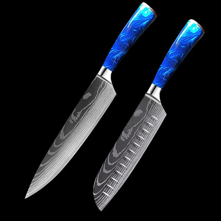 8-inch Chef Knife with vibrant blue resin handle, perfect for precision cutting in the kitchen.