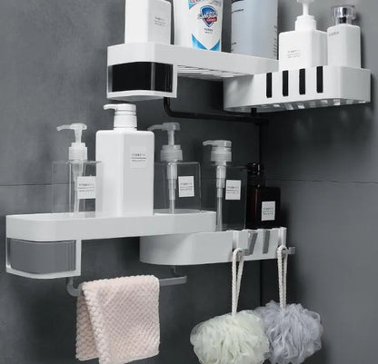 White and grey adhesive wall-mounted corner shelf unit for bathroom or kitchen.