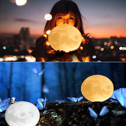 3D printed moon night light with detailed lunar surface and dual-colour LED lighting on beech wood stand