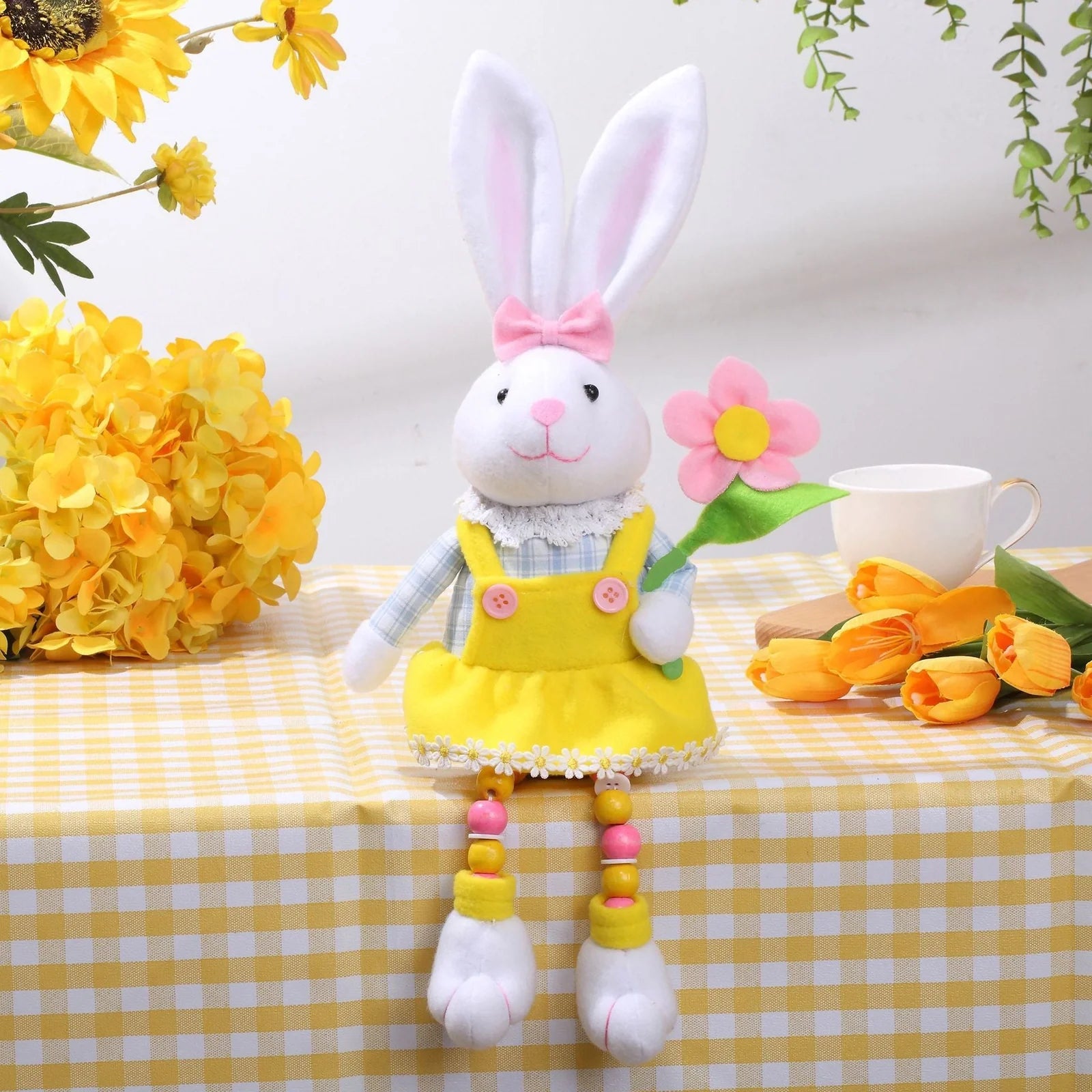 Hand-sewn Easter bunny doll ornament with non-woven fabric construction in radish or flower style