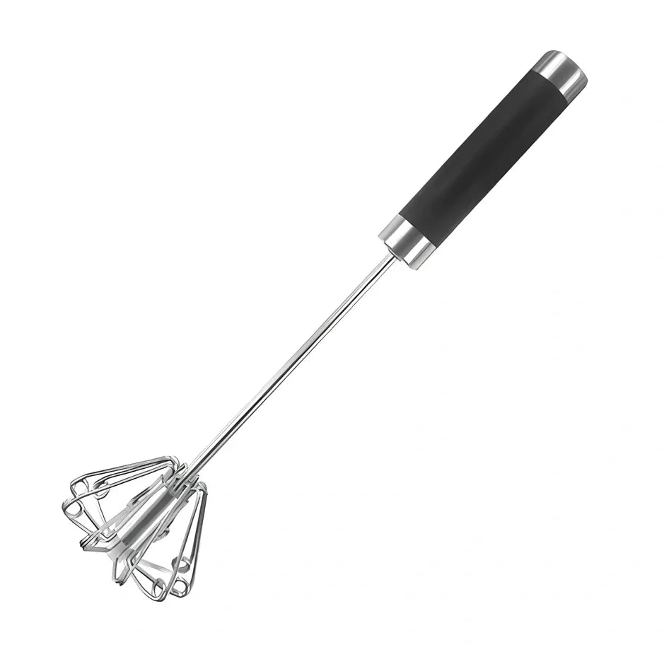 Self-spinning whisk with straight stainless steel design and black handle in multiple colours
