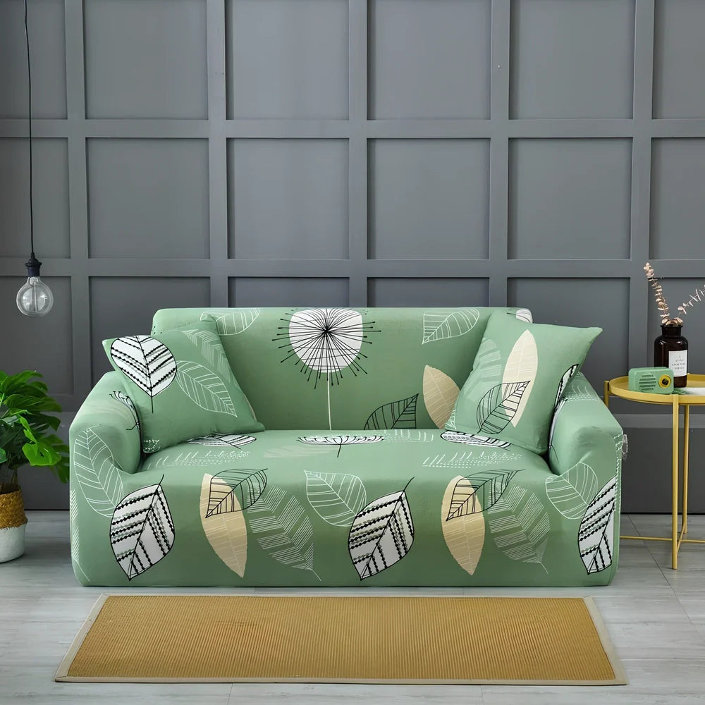 Elastic sofa cover with stripe pattern stretched over 3-seat sofa in living room setting