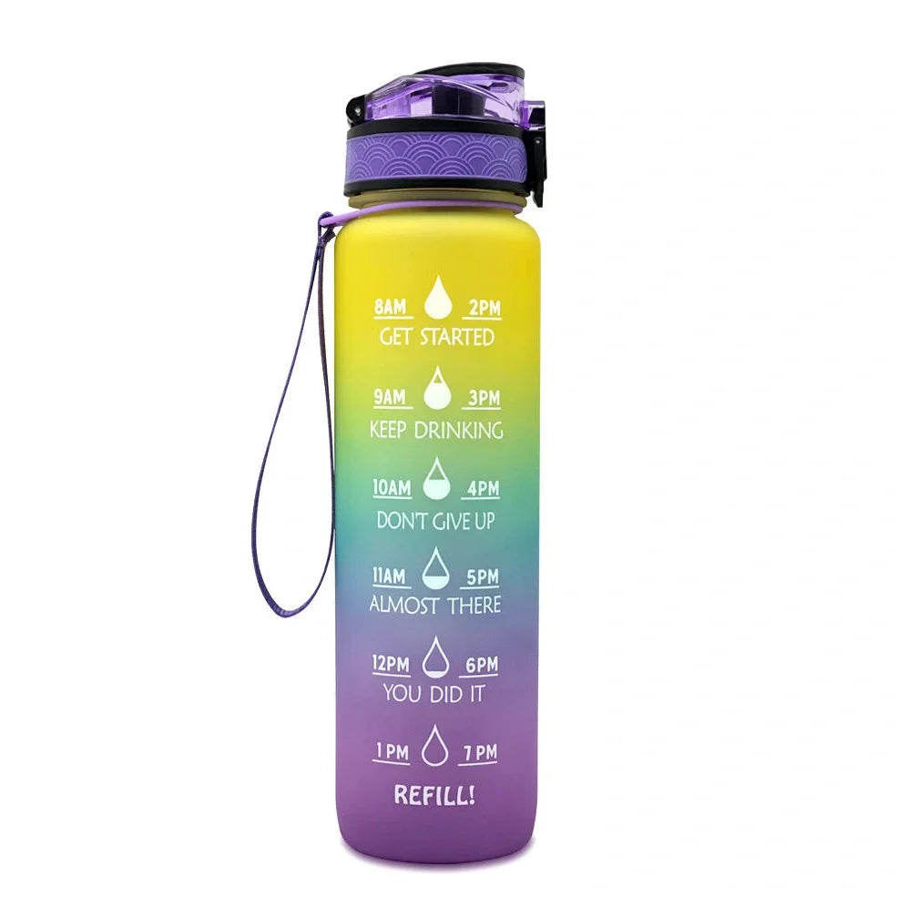 Tritan sports water bottle with frosted gradient finish and flip-top lid showing blue-red colour transition