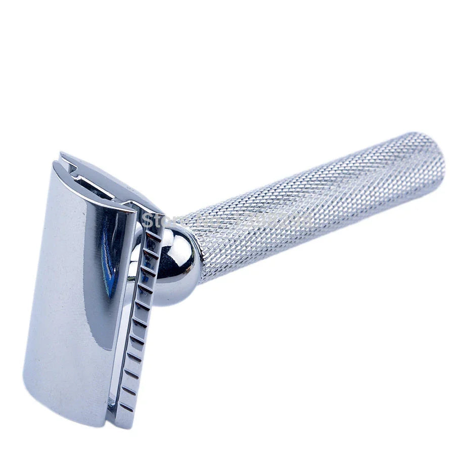 Premium men's shaving set with double edge safety razor, badger hair brush, chrome stand, and soap bowl
