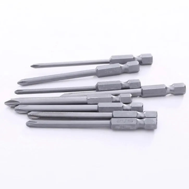 Set of eight long 75mm magnetic Phillips screwdriver bits with hex shanks on a white background.