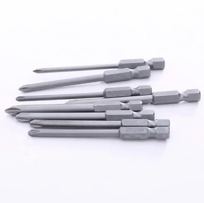 Set of eight long 75mm magnetic Phillips screwdriver bits with hex shanks on a white background.