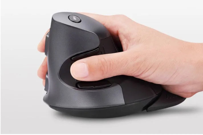 M 618 wireless vertical mouse in black showing 57-degree tilt angle and three-button design with scroll wheel
