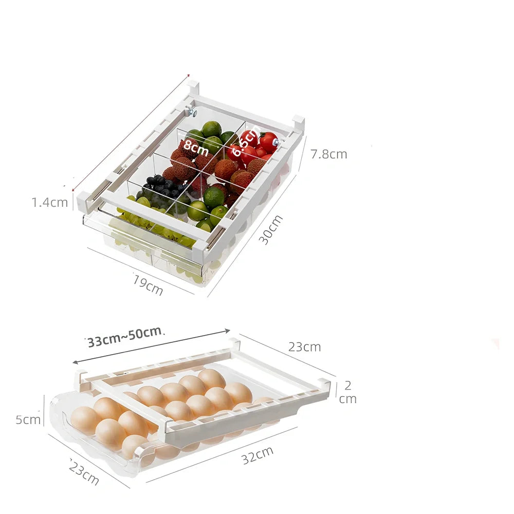 Transparent adjustable fridge egg storage rack with pull-out drawer holding 21 eggs, stackable for kitchen organisation