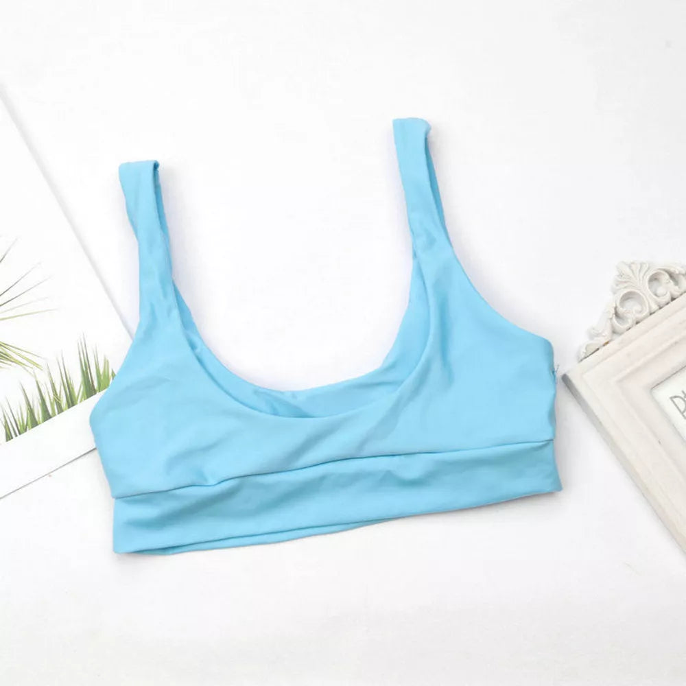 Sky blue polyester ladies swimsuit with sizes S, M, L available