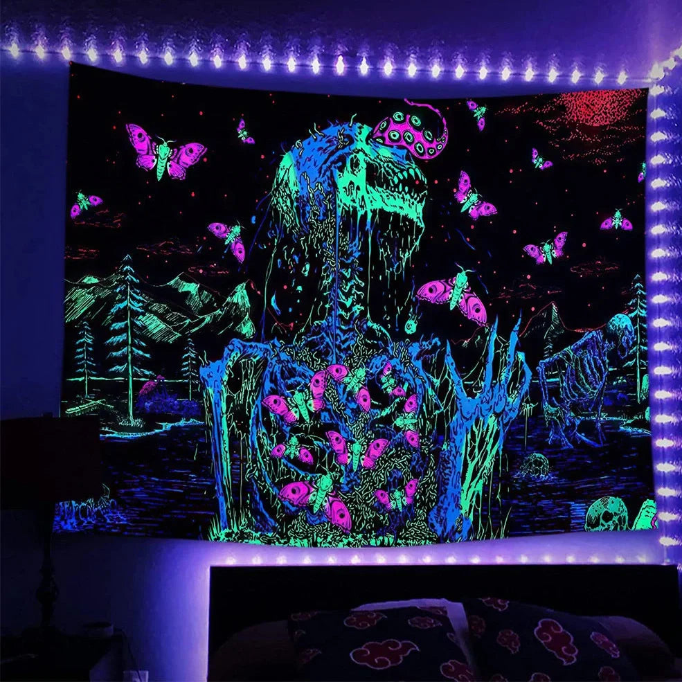 Fluorescent luminous polyester tapestry with psychedelic machine-woven patterns glowing under UV light