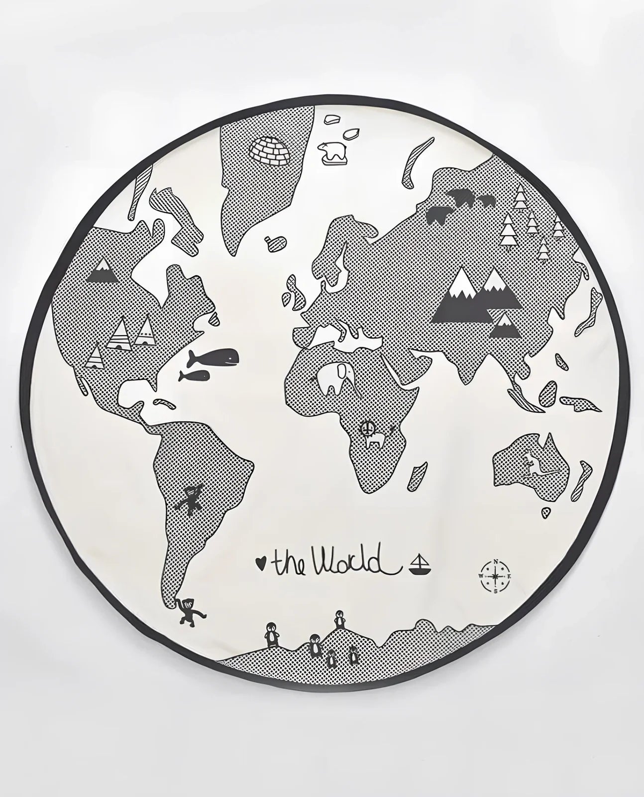 135cm circular world map play mat with cotton canvas and hand-printed illustrations of continents and animals