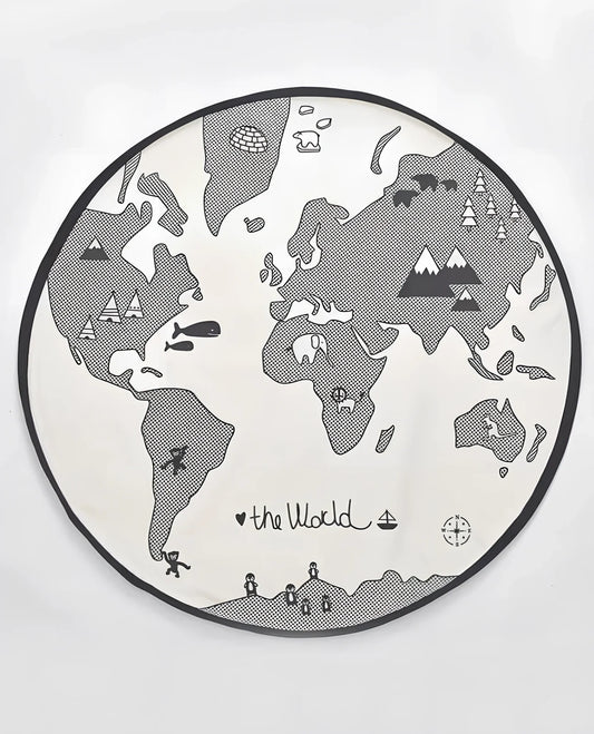 135cm circular world map play mat with cotton canvas and hand-printed illustrations of continents and animals
