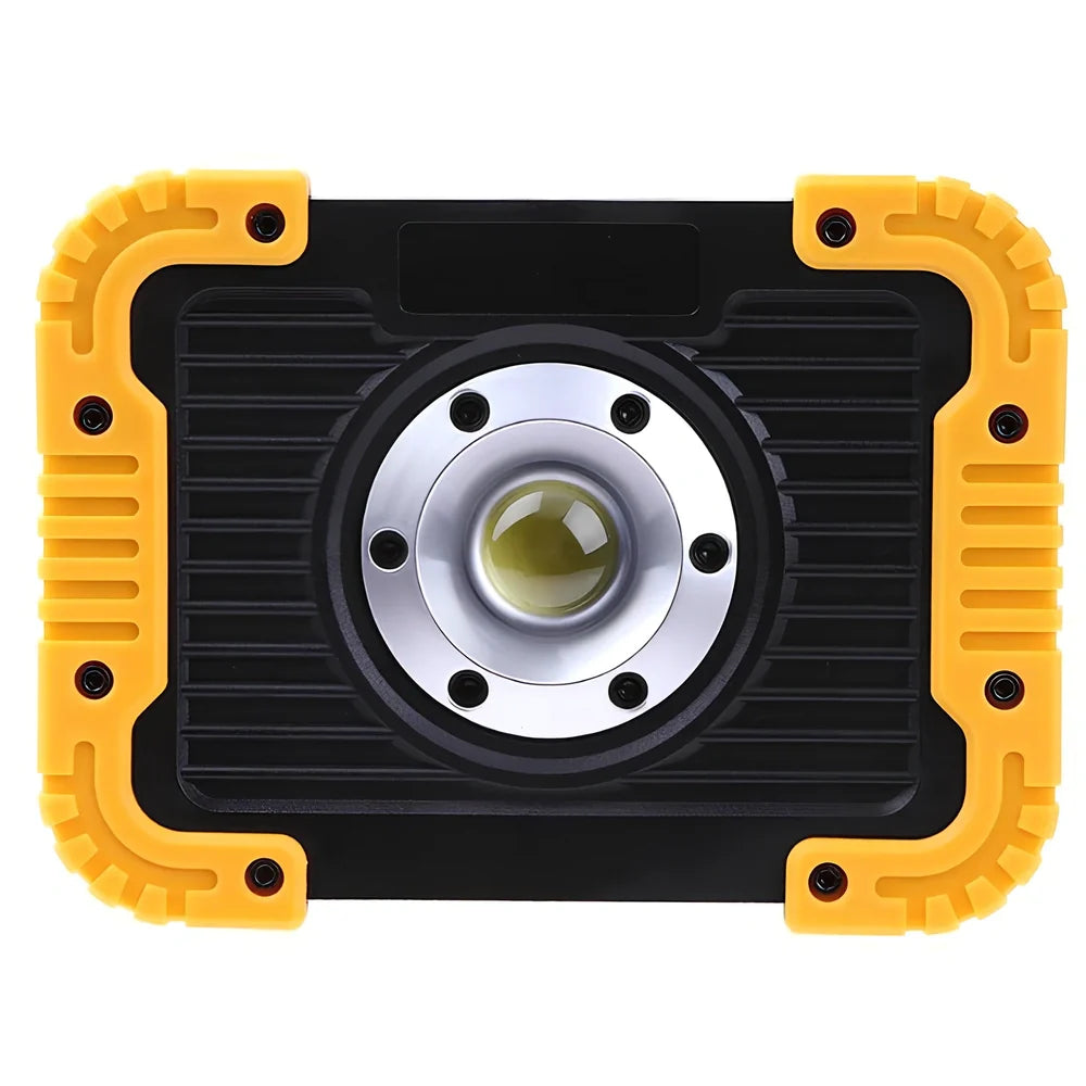 LED camping lantern with rotatable support showing USB ports and battery indicator lights