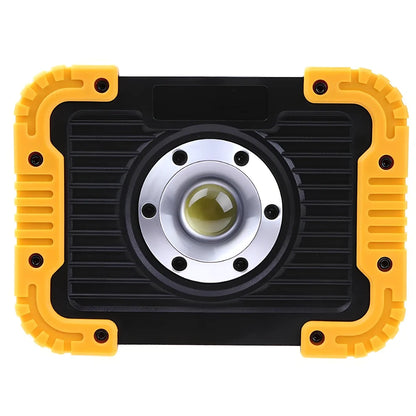 LED camping lantern with rotatable support showing USB ports and battery indicator lights