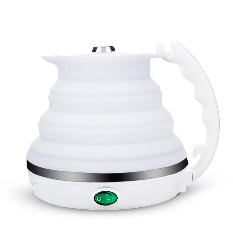 Foldable Electric Kettle in white, blue, and pink colors with UK, US, and EU plugs