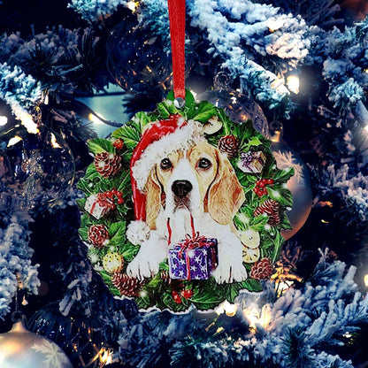 Hand-painted wooden Christmas ornament with geometric design and picture color