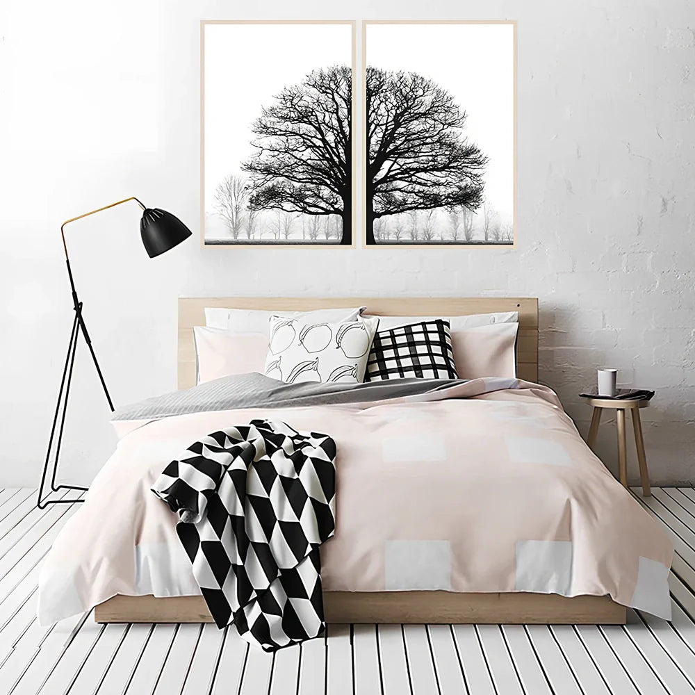 Frameless black and white winter trees canvas painting on wall, sizes 10x15cm to 70x100cm for bedroom decor