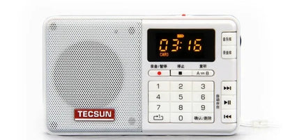 Tecsun Q3 portable digital audio player with FM radio in multiple colour choices on a white background