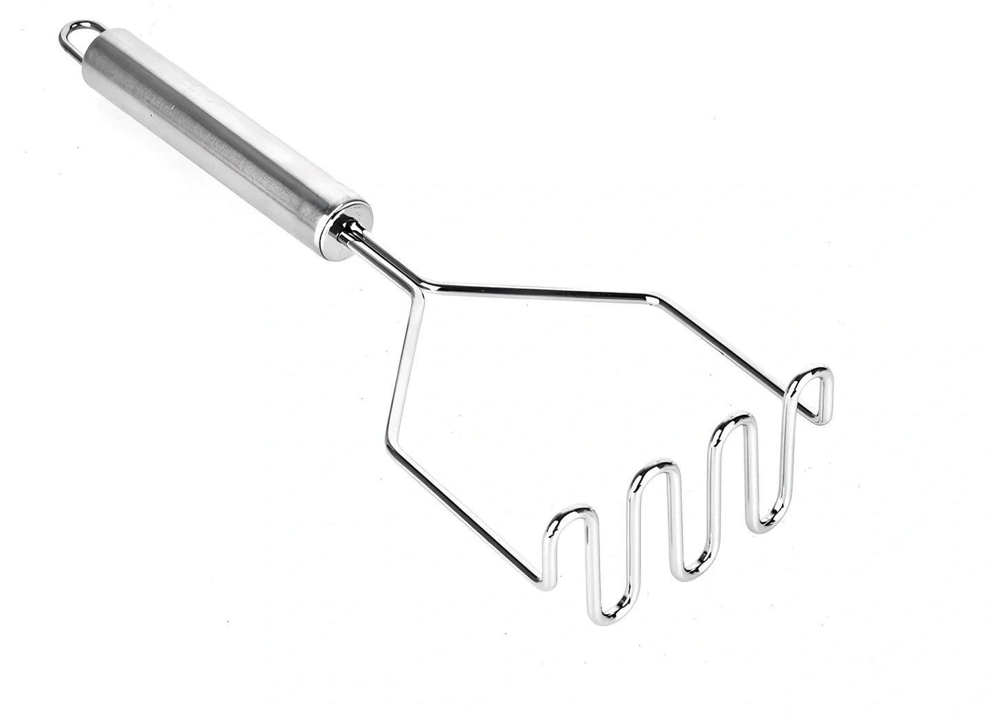 Stainless steel potato ricer masher, 25cm long with 9.5cm wide head, weighs 82g for efficient vegetable mashing
