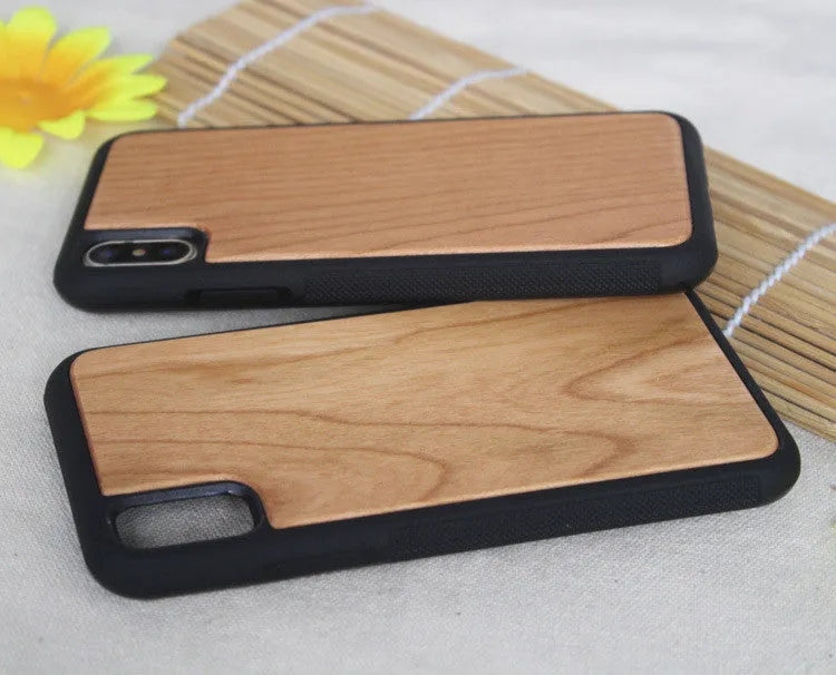Wooden TPU iPhone case with carbonized bamboo back and flexible bumper in natural wood finish