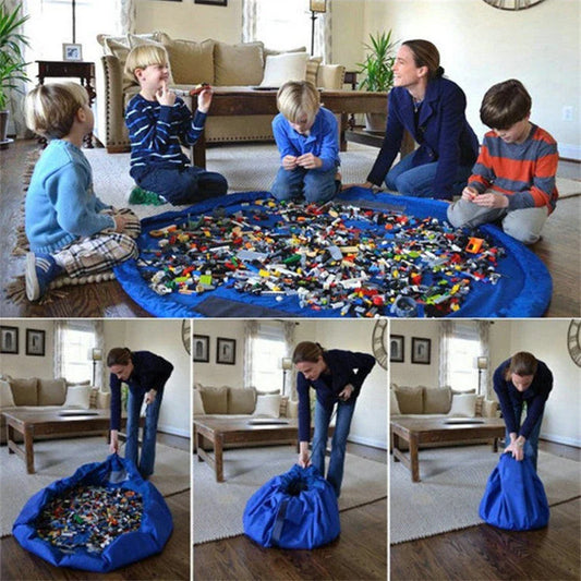 A large, waterproof travel picnic mat made of durable nylon with convenient toy storage bags for outdoor adventures.