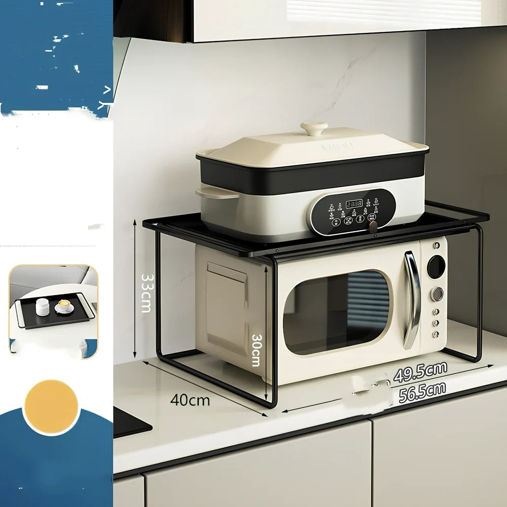 Korean style iron microwave shelf with plating finish and storage tray for kitchen organisation