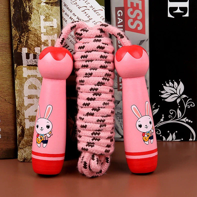 Wooden children's skipping toy with adjustable rope showing six character style options