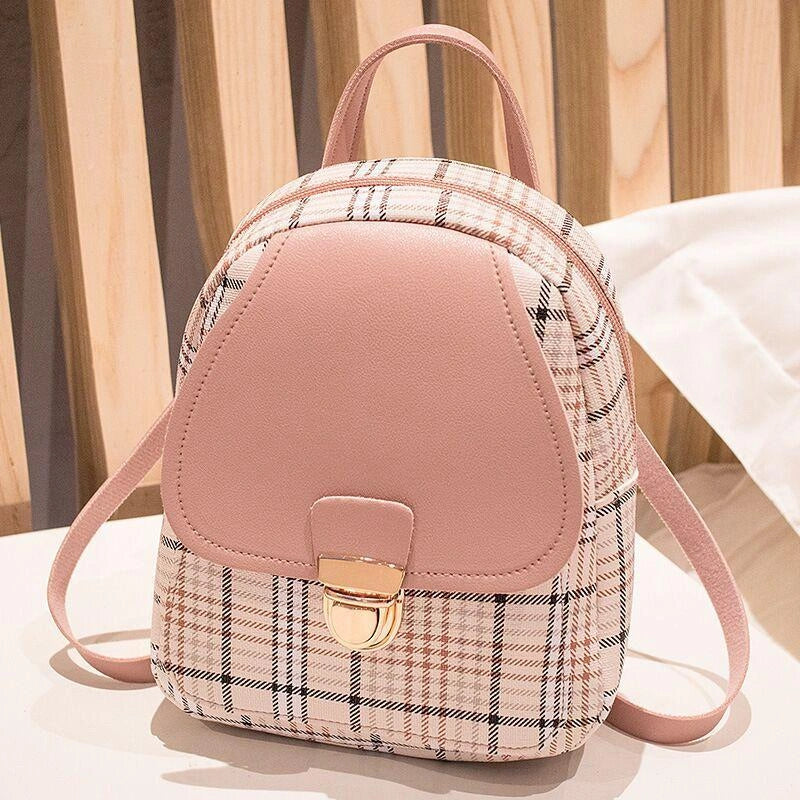 Trendy plaid small backpack for women with zipper, available in multiple colors