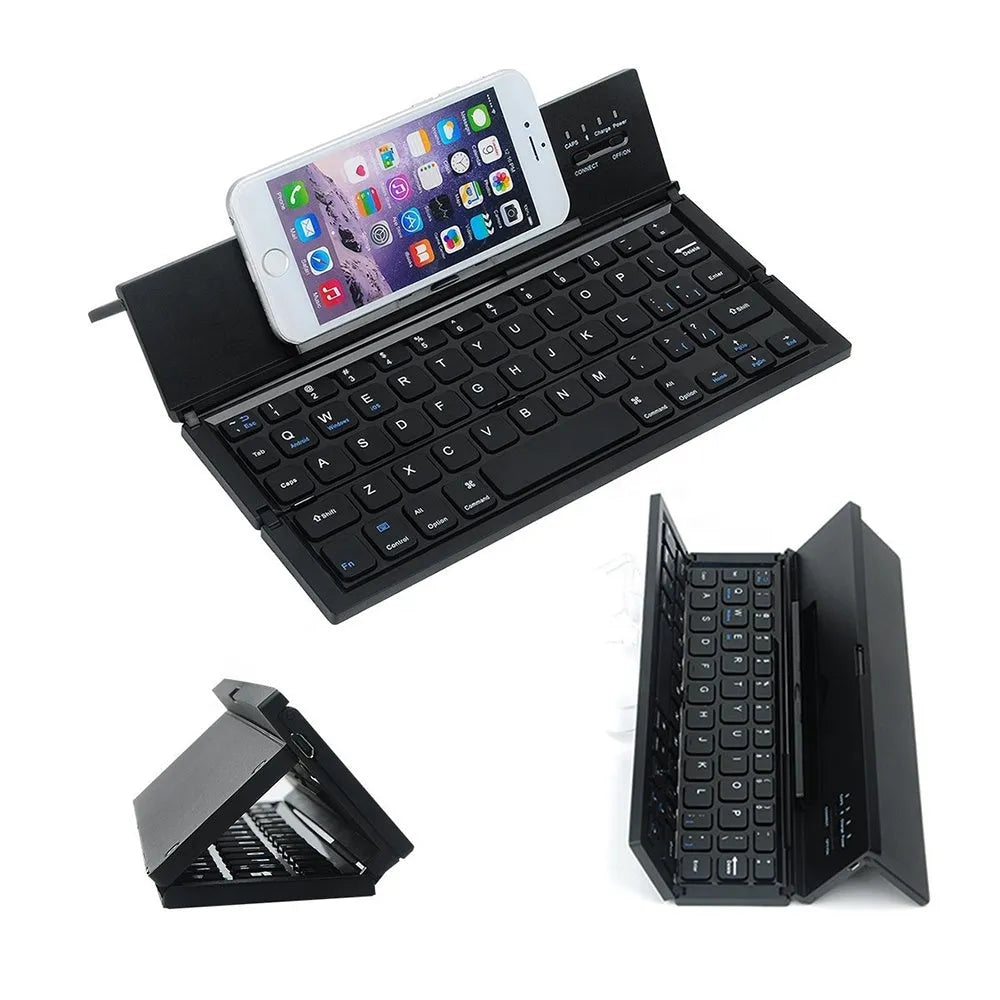 Black folding Bluetooth keyboard for tablets showing compact 5.8-inch size with wrist support extended