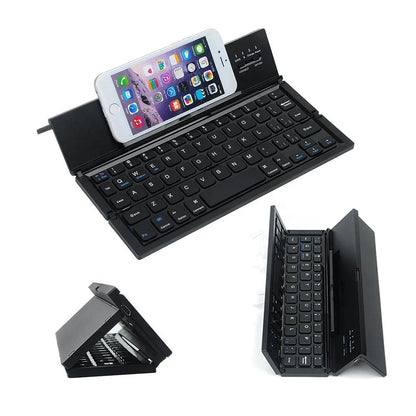 Black folding Bluetooth keyboard for tablets showing compact 5.8-inch size with wrist support extended