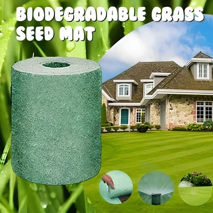 Biodegradable grass seed mat unrolled, 20cm x 300cm size, showing wind-proof fabric for soil consolidation and moisture retention in garden use