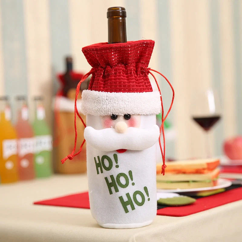 Festive Christmas wine bottle socks in vibrant colors, perfect for holiday decor