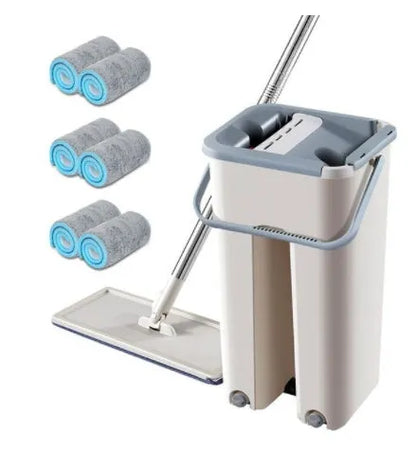 Blue wooden floor lazy mop with bucket, microfibre flat head, aluminium rod, and 360-degree rotation