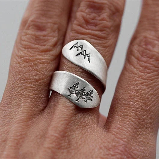 Mountain forest opening adjustable ring in ancient silver, showcasing unique design and adjustable feature