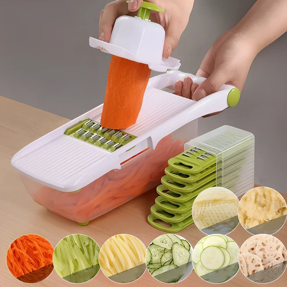 Brown multi-function vegetable chopper with stainless steel blades and safety protector, 28 cm long for slicing onions