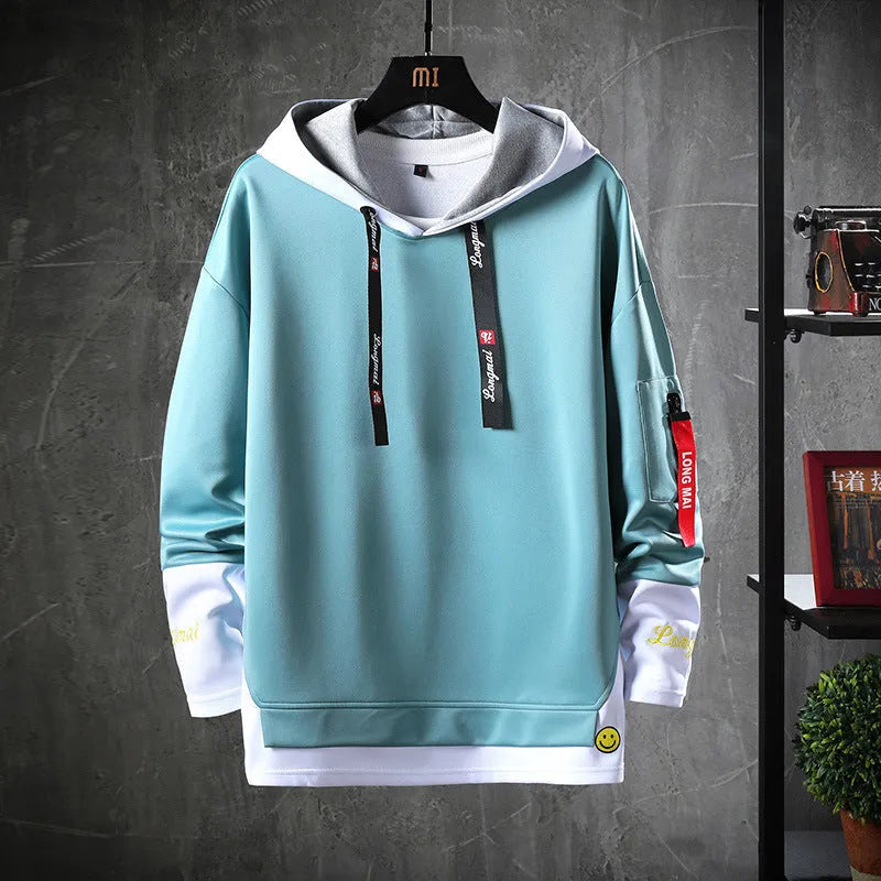 Hooded sweatshirt long sleeve round neck casual pullover in black, grey, lake blue, light red, or white