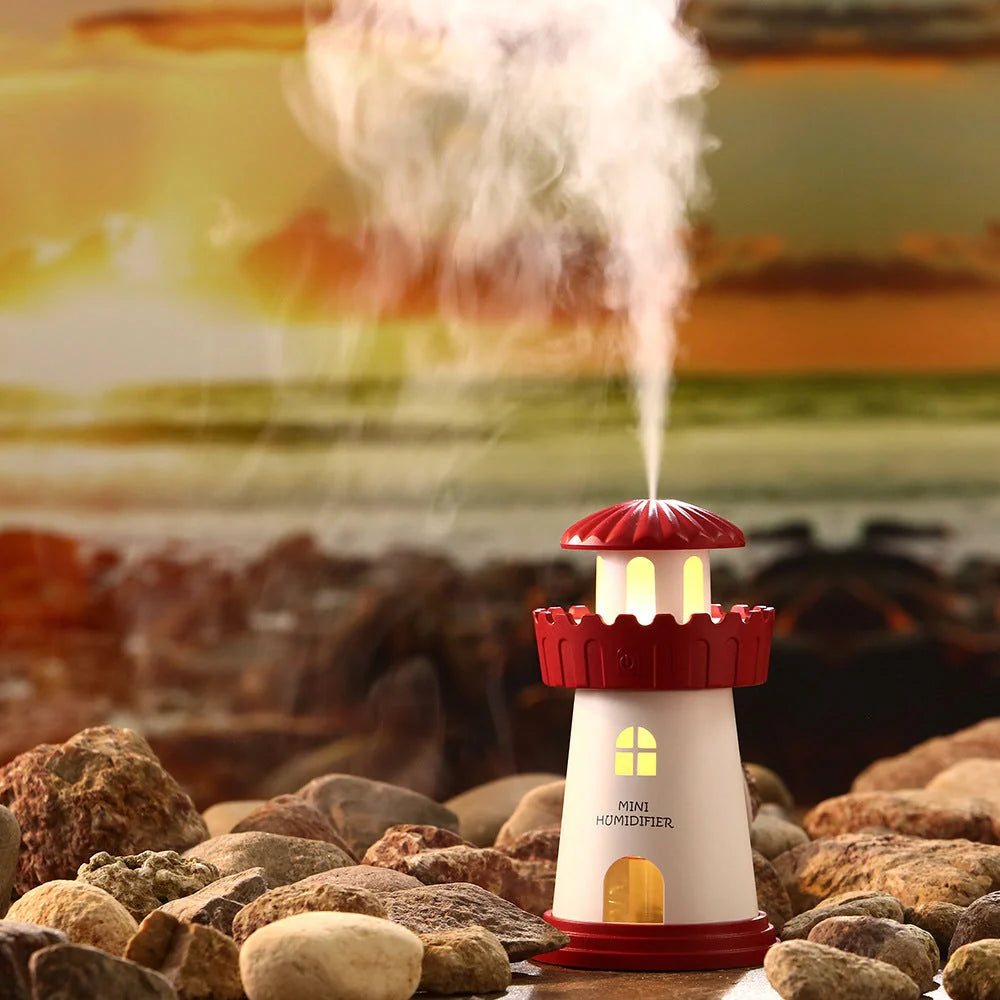 Lighthouse Humidifier with USB night light in five colors: green, pink, blue, red, gray