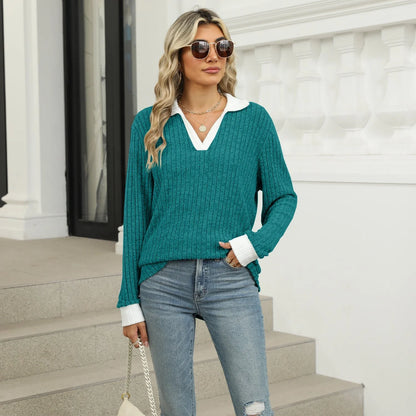 Women's loose-fit lapel long sleeve t-shirt in various colors