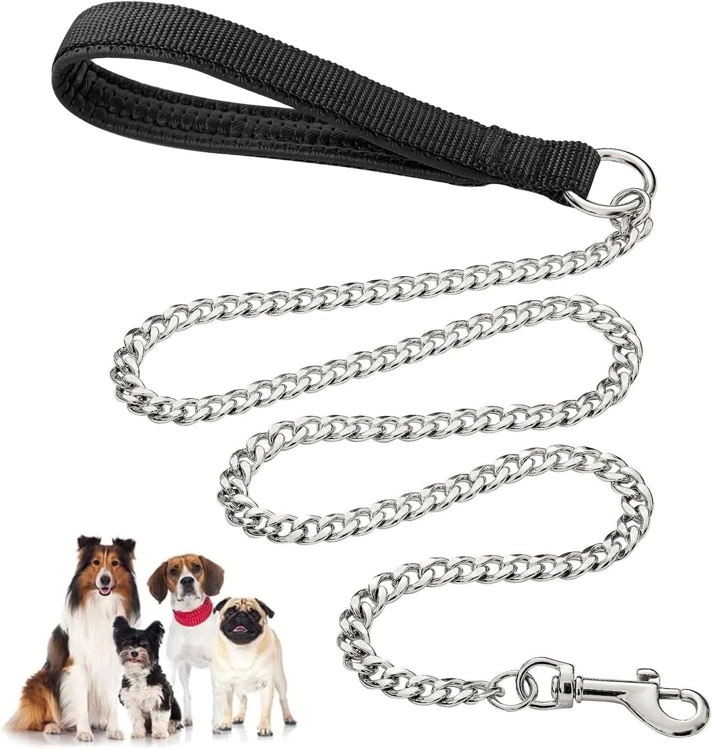 Heavy duty metal dog leash with chew-proof chain and soft padded handle in black, blue, or red colours