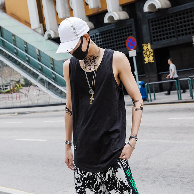 Men's cotton sleeveless scoop tank top with printed logo in various colors
